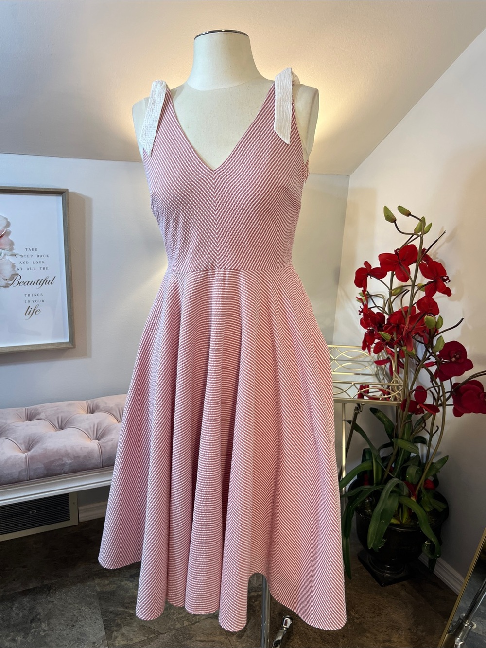 HUTCH Blush Pink & White Seersucker Striped Midi Dress Tie Shoulder Size 2